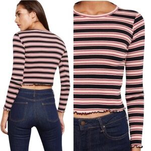 TOPSHOP Y2K Multi Striped Crop Lettuce Top Red Black Cream Size 2